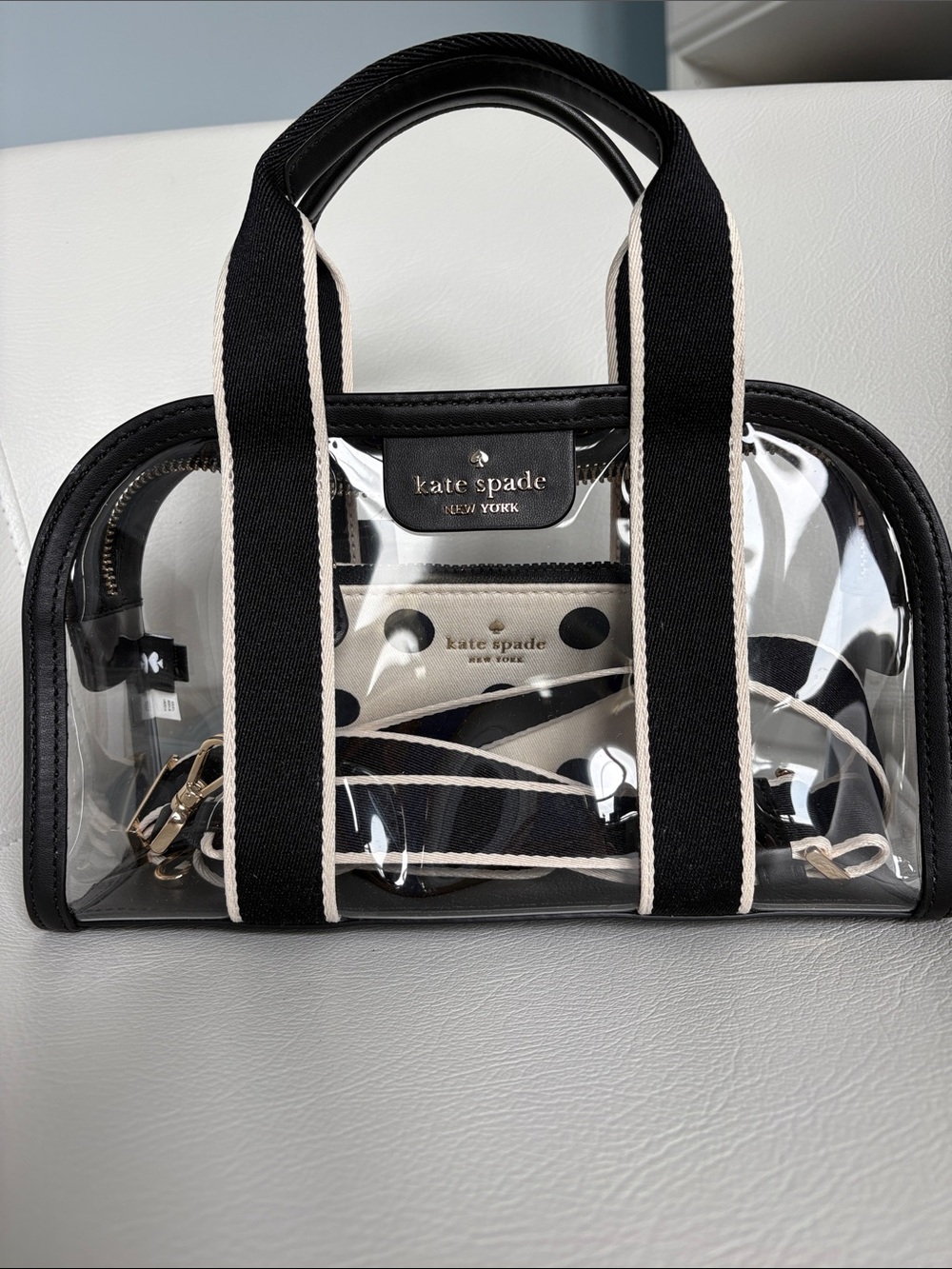 kate spade Clear Black and Cream Striped Carryall Tote